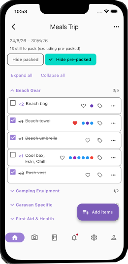 Trip packing list
